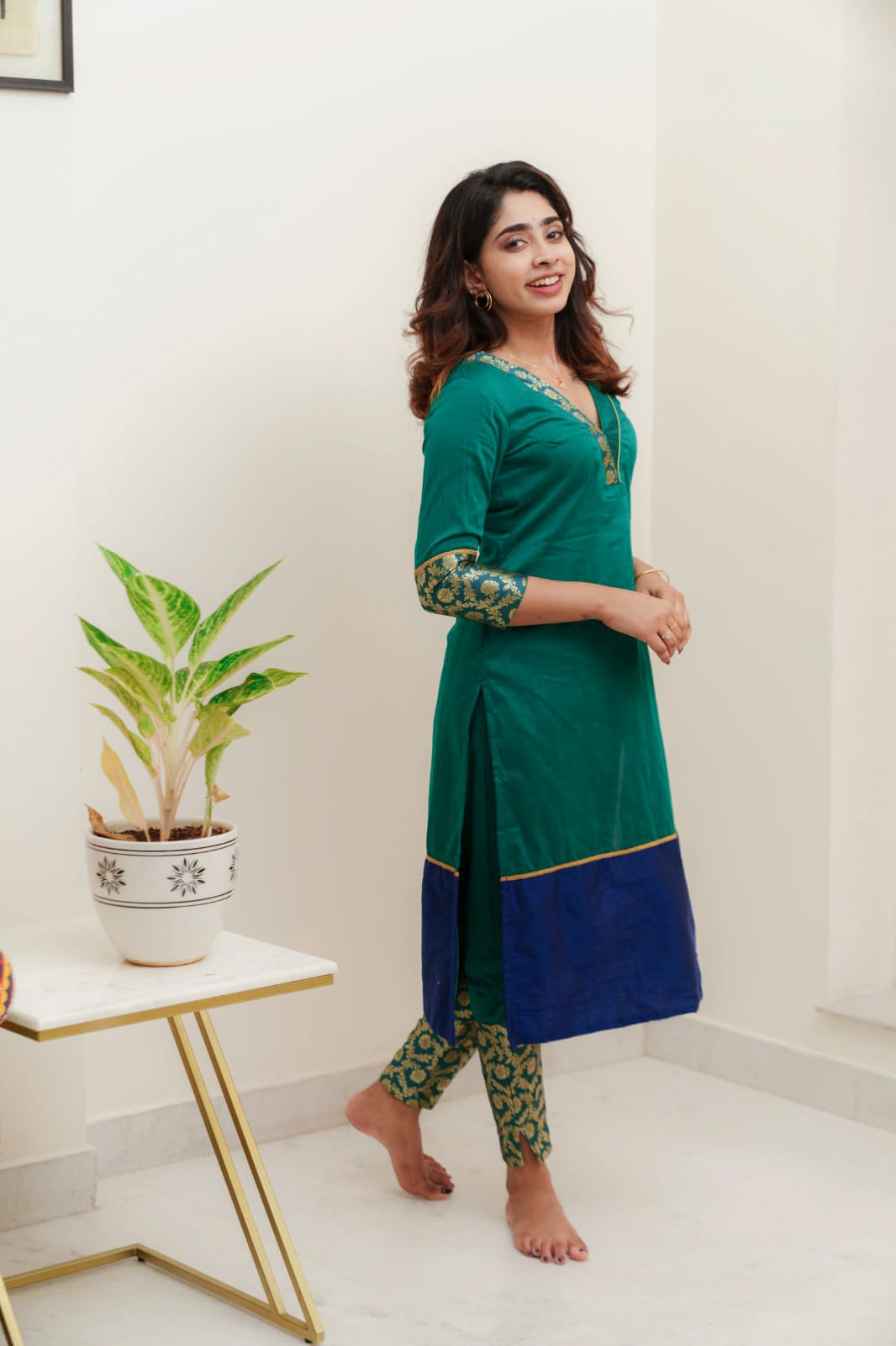 Green & Blue Brocade Kurti and Bottom 2-Piece Set | Made to Order