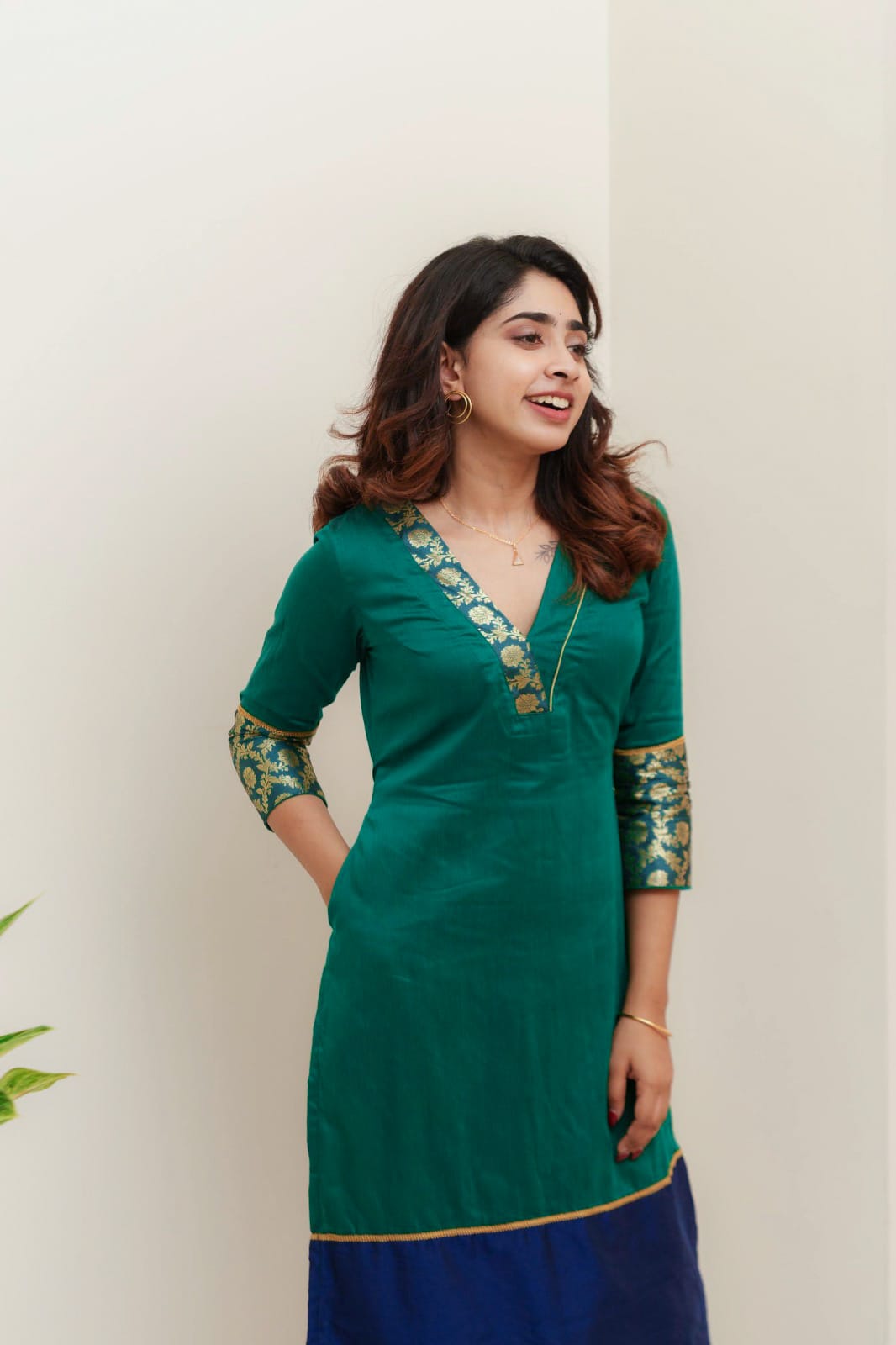 Green & Blue Brocade Kurti and Bottom 2-Piece Set | Made to Order