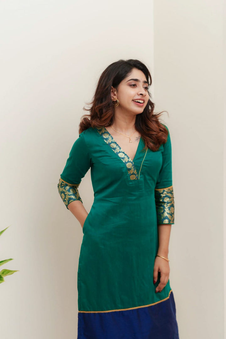 Green & Blue Brocade Kurti and Bottom 2-Piece Set | Made to Order