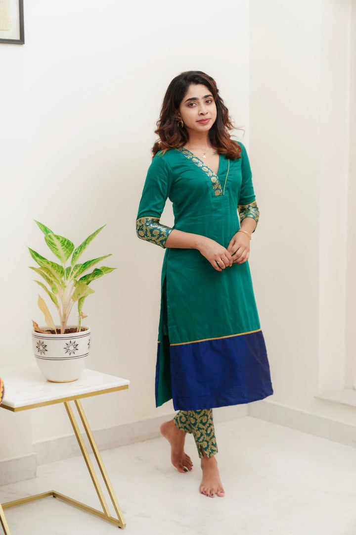 Green & Blue Brocade Kurti and Bottom 2-Piece Set | Made to Order