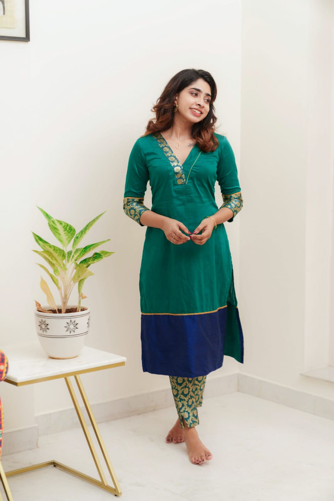 Green & Blue Brocade Kurti and Bottom 2-Piece Set | Made to Order