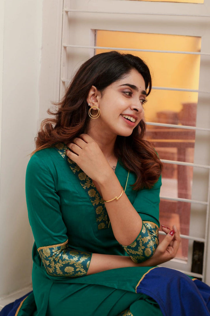 Green & Blue Brocade Kurti and Bottom 2-Piece Set | Made to Order