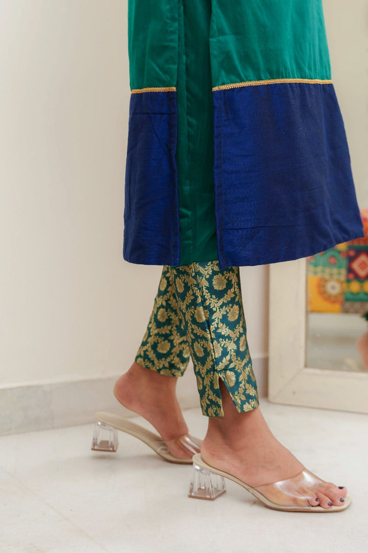 Green & Blue Brocade Kurti and Bottom 2-Piece Set | Made to Order
