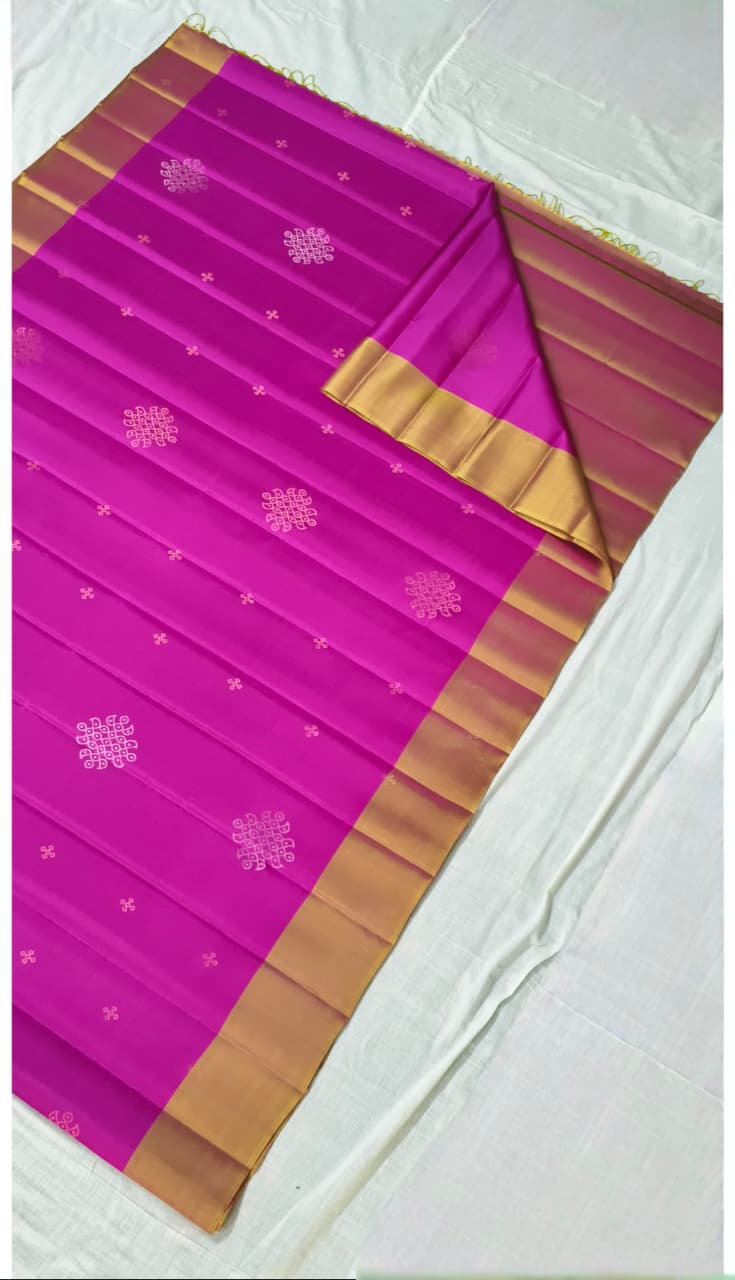 Light Magenta Kanjivaram Soft Silk Saree with Gold-Silver Rangoli Buttas and Contrast Border | SILK MARK CERTIFIED