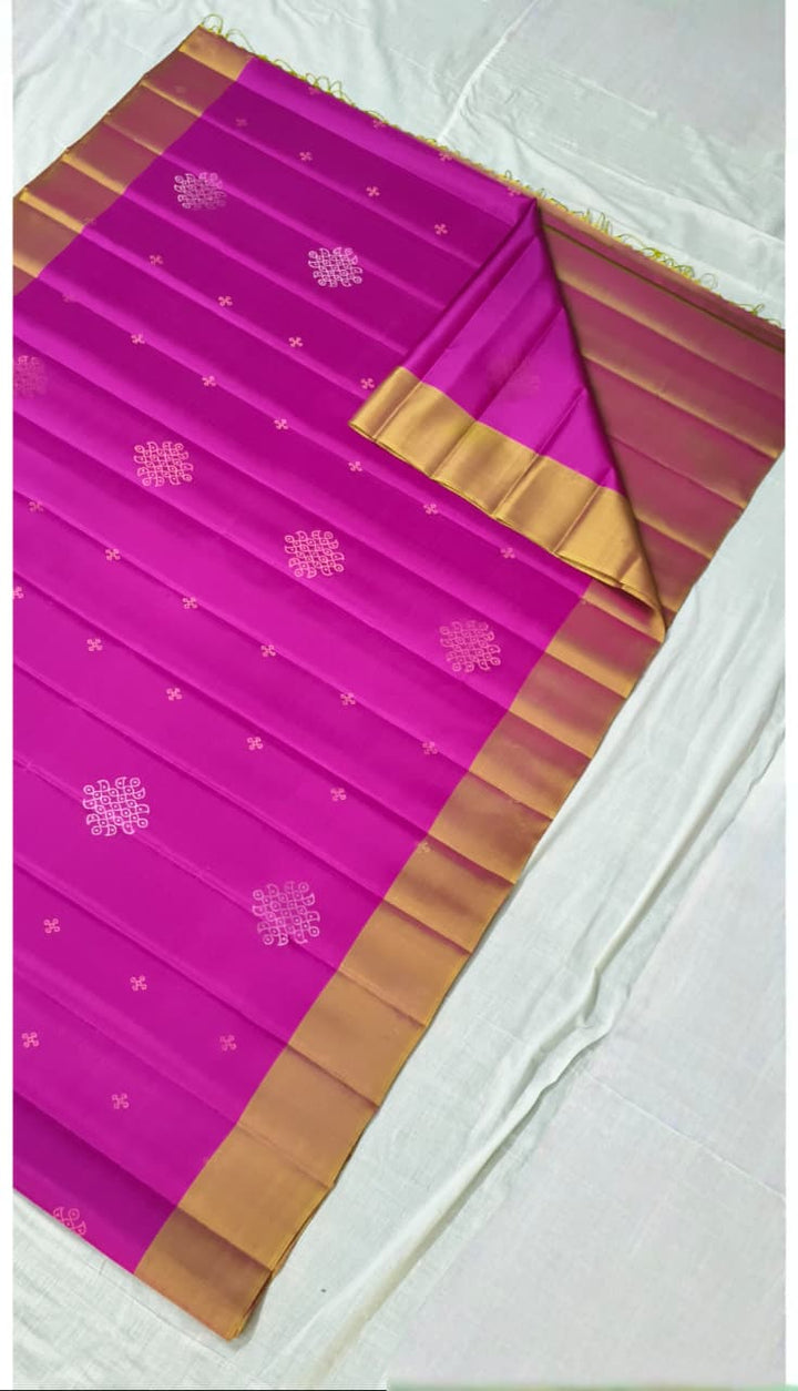 Light Magenta Kanjivaram Soft Silk Saree with Gold-Silver Rangoli Buttas and Contrast Border | SILK MARK CERTIFIED