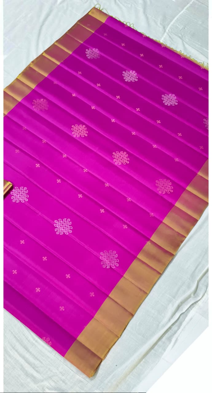 Light Magenta Kanjivaram Soft Silk Saree with Gold-Silver Rangoli Buttas and Contrast Border | SILK MARK CERTIFIED
