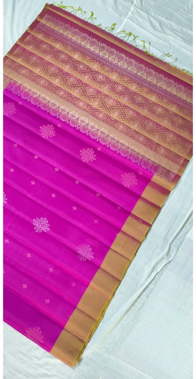 Light Magenta Kanjivaram Soft Silk Saree with Gold-Silver Rangoli Buttas and Contrast Border | SILK MARK CERTIFIED