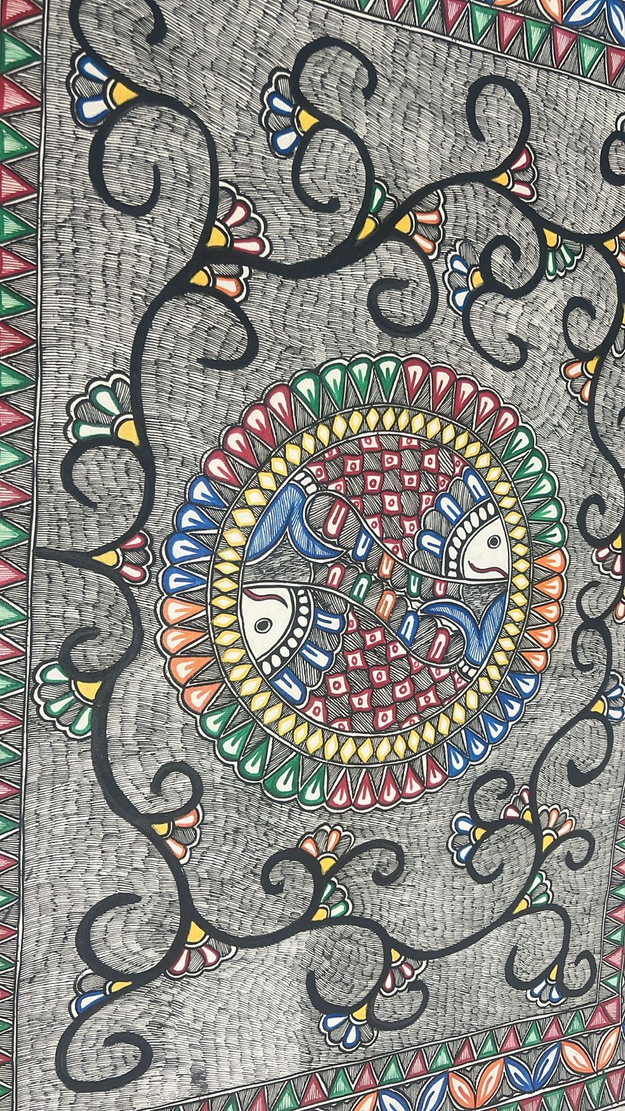 Twin fish in a Mandala Madhubani Hand Painting Wall Art, Unframed 30 x 22