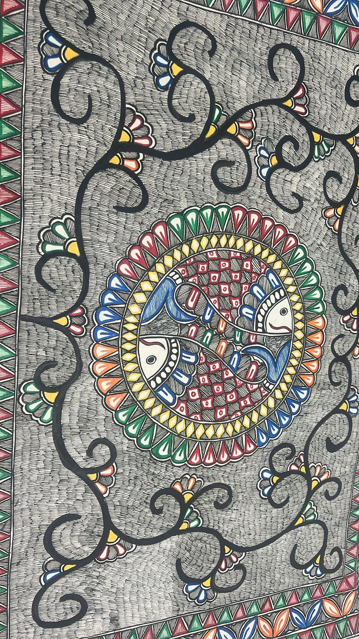 Twin fish in a Mandala Madhubani Hand Painting Wall Art, Unframed 30 x 22