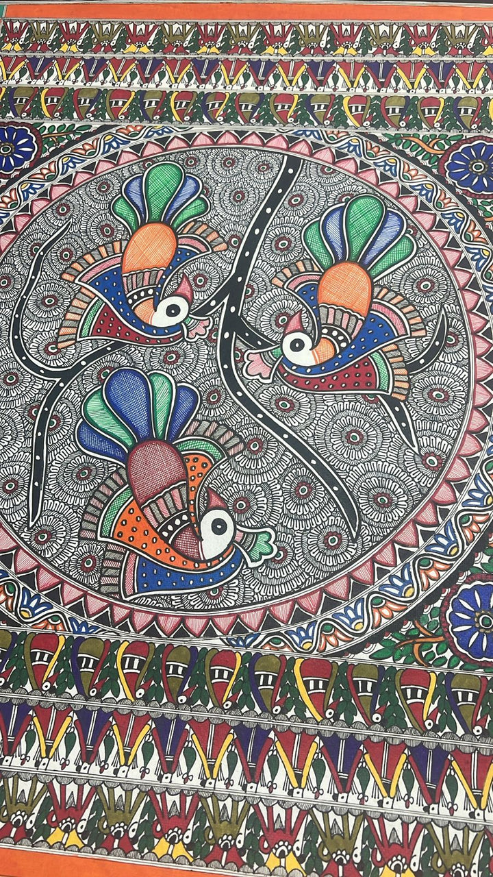 Authentic Mithila Hand-Painted Madhubani Wall Art, Unframed 30 x 22