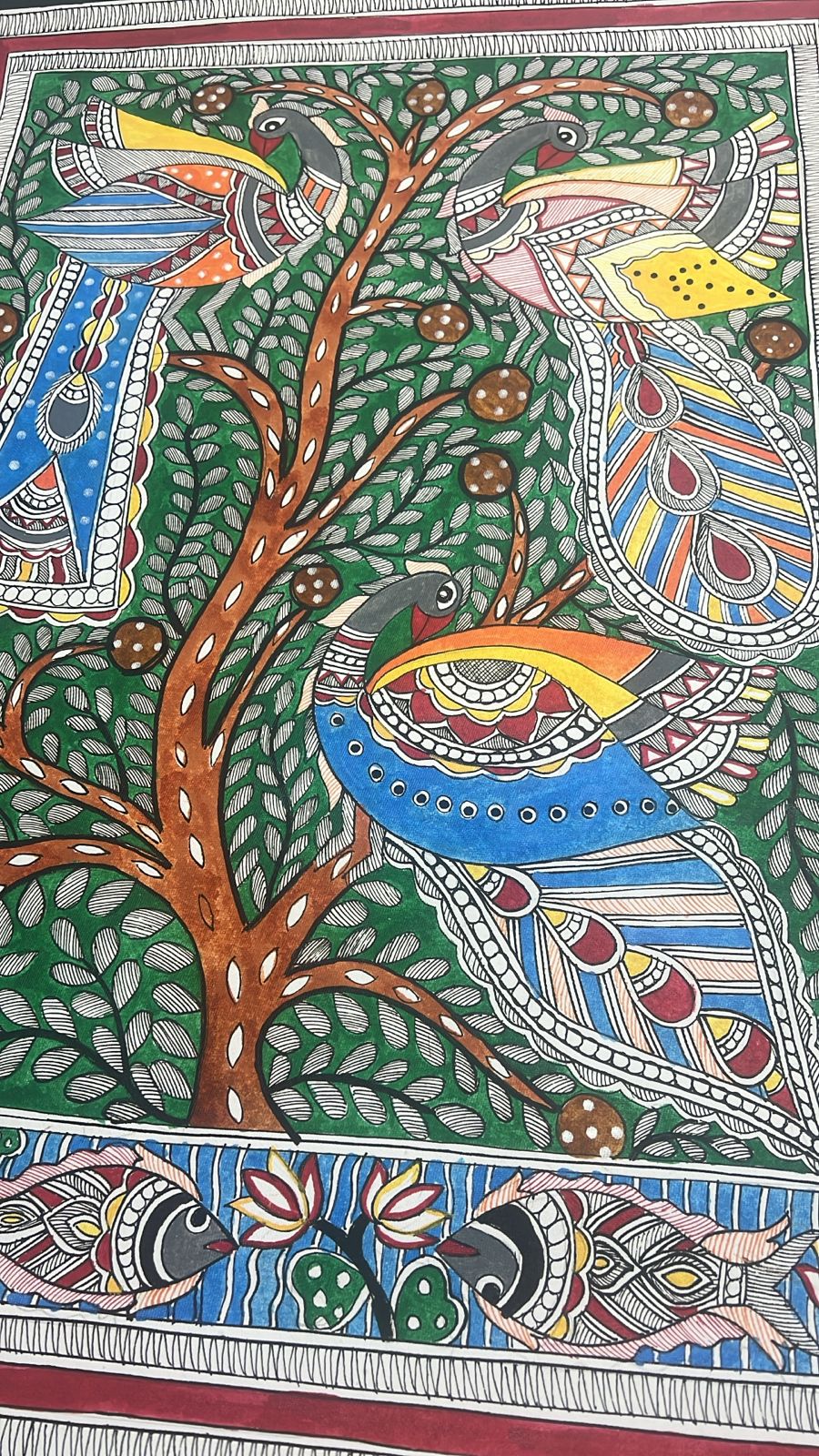 Tree of Life with Peacock Madhubani Hand Painting Wall Art, unframed, 30 x 22 inch | SHOBITAM