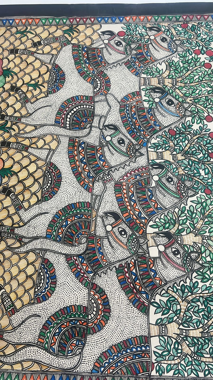 Lucky 7 Horses on Madhubani wall painting, Unframed,30 x 22 | SHOBITAM