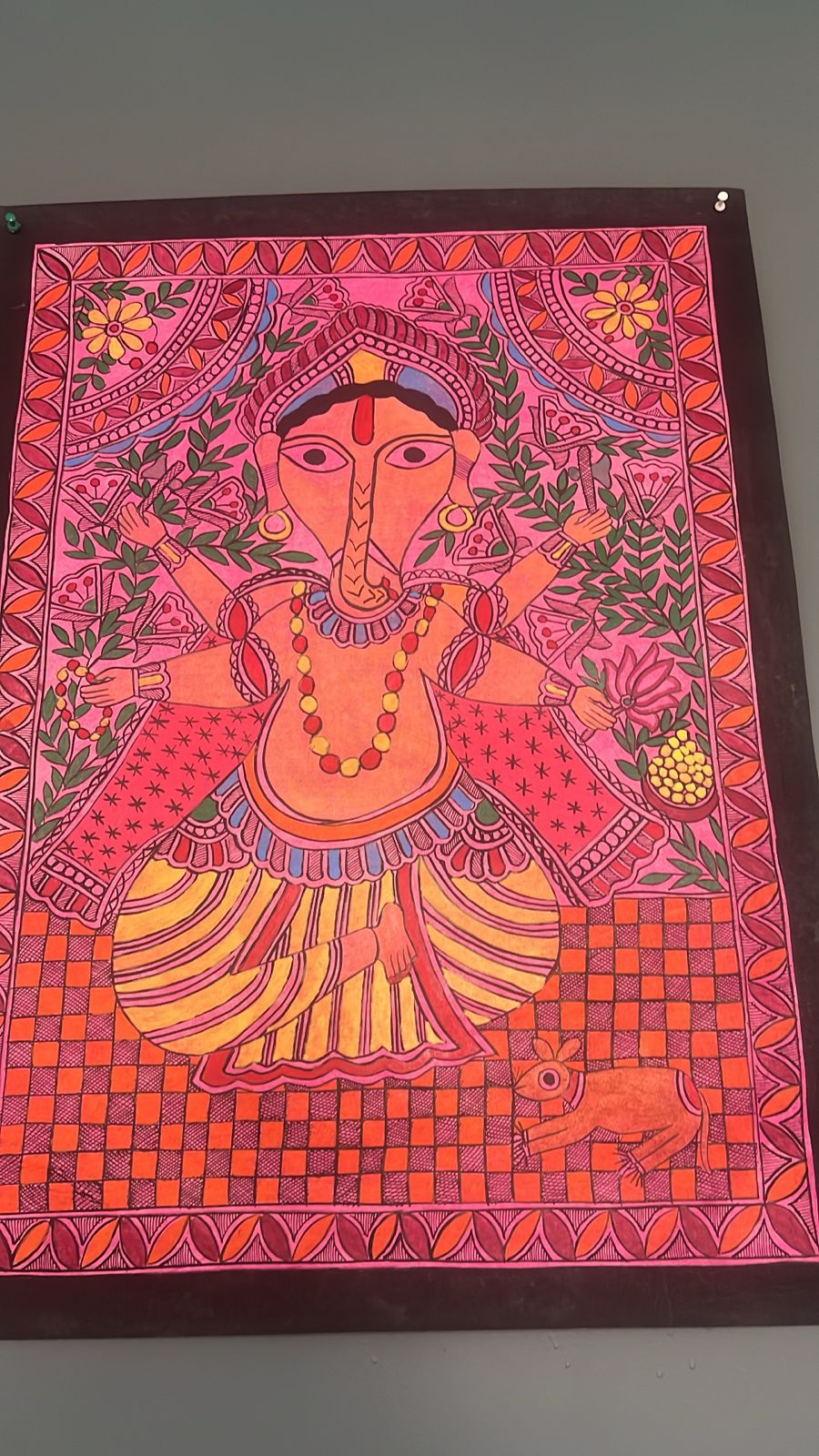 Lord Ganesha in Mithila Art with 4 arms on Madhubani wall painting Unframed, 30 x 22 inch | SHOBITAM