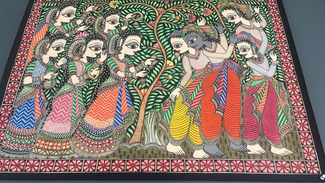 Krishna with Gopis under the Kadamba Tree on Madhubani Painting Wall Art, Unframed, 30 x 22 inch | SHOBITAM