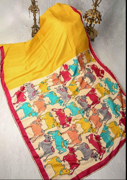 Yellow Pure Bishnupuri Silk Saree with Pichwai Hand Painted on Pallu and Gotta Border | SILK MARK CERTIFIED