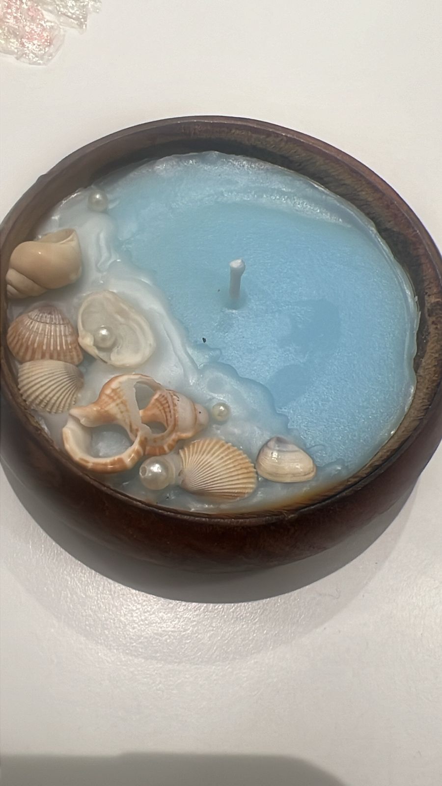 Ocean Treasures small scented candle in wooden bowl | SHOBITAM