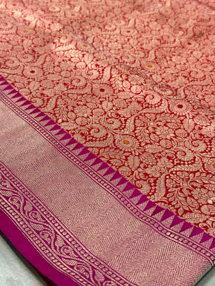 Red Meenakari Brocade Half and Half Banarasi Katan Silk Saree with Ornate Zari Borders | SILK MARK CERTIFIED | SHOBITAM