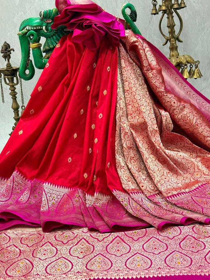 Red Meenakari Brocade Half and Half Banarasi Katan Silk Saree with Ornate Zari Borders | SILK MARK CERTIFIED | SHOBITAM