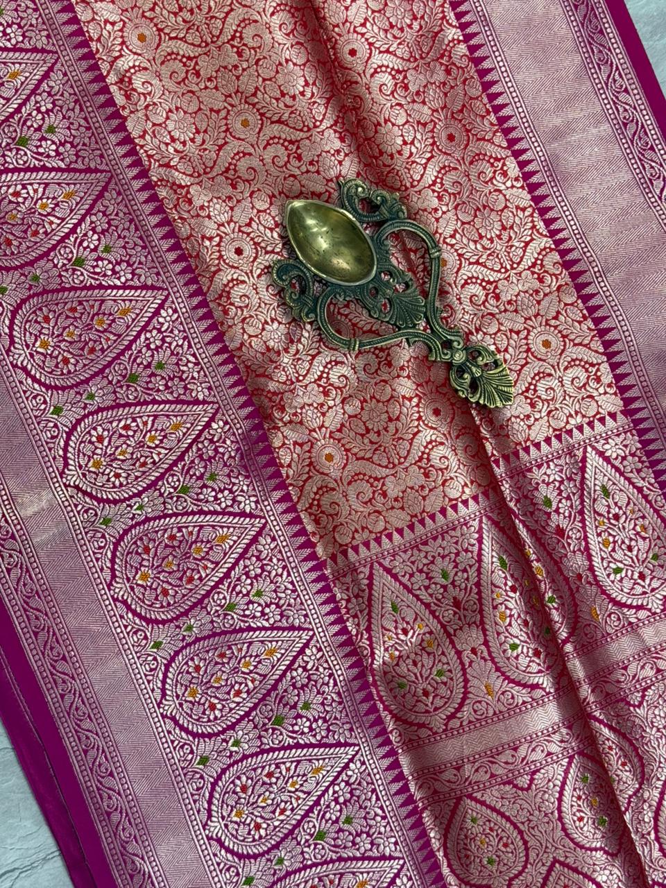 Red Meenakari Brocade Half and Half Banarasi Katan Silk Saree with Ornate Zari Borders | SILK MARK CERTIFIED | SHOBITAM