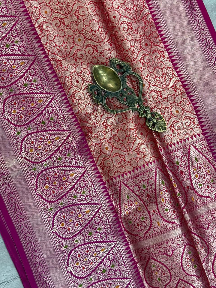 Red Meenakari Brocade Half and Half Banarasi Katan Silk Saree with Ornate Zari Borders | SILK MARK CERTIFIED | SHOBITAM
