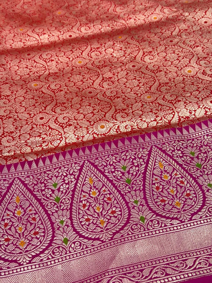 Red Meenakari Brocade Half and Half Banarasi Katan Silk Saree with Ornate Zari Borders | SILK MARK CERTIFIED | SHOBITAM