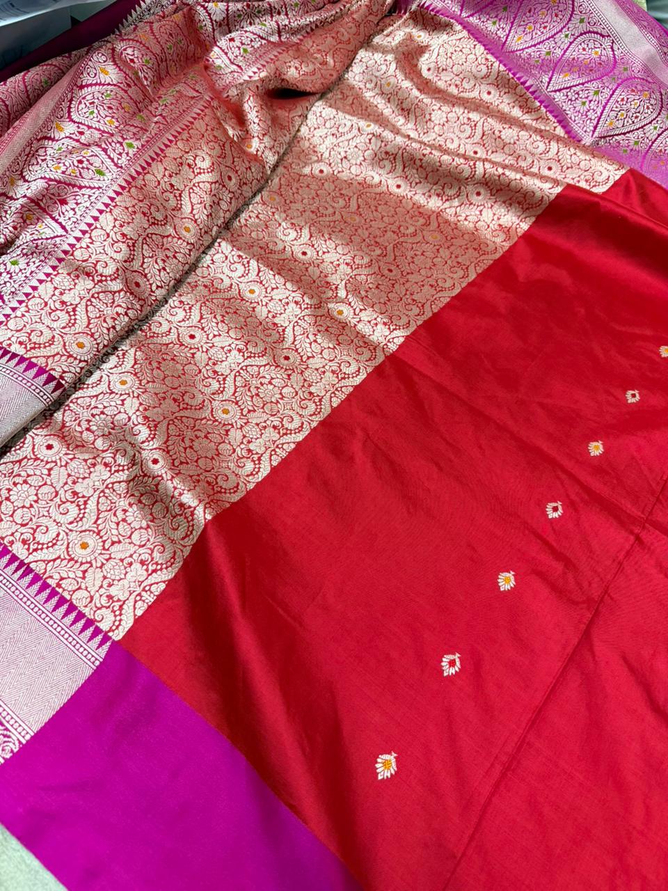 Red Meenakari Brocade Half and Half Banarasi Katan Silk Saree with Ornate Zari Borders | SILK MARK CERTIFIED | SHOBITAM