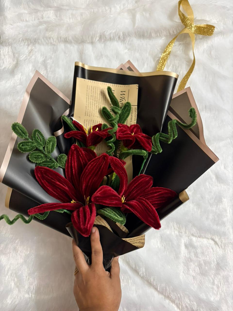 Handcrafted bouquet of Maroon tiger lilies made from soft, velvet Chenille Stems | SHOBITAM
