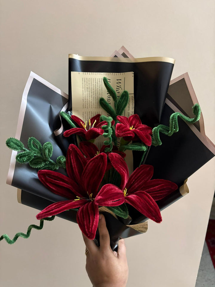 Handcrafted bouquet of Maroon tiger lilies made from soft, velvet Chenille Stems | SHOBITAM