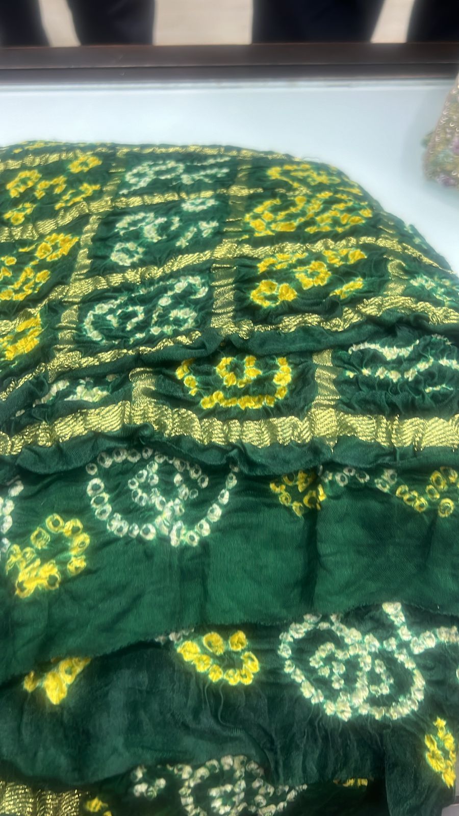 Bottle Green Modal Silk Saree with Gharchola Sarkam Bandhej Design and Zari Border | SHOBITAM