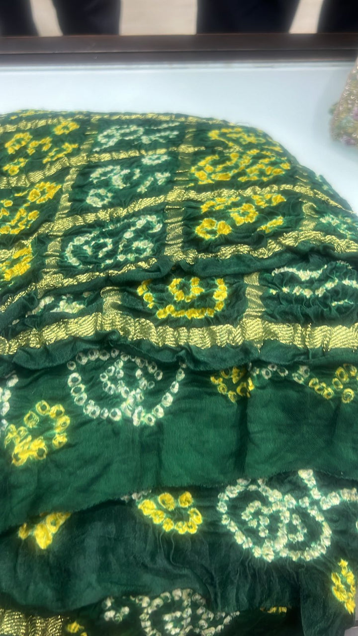 Bottle Green Modal Silk Saree with Gharchola Sarkam Bandhej Design and Zari Border | SHOBITAM