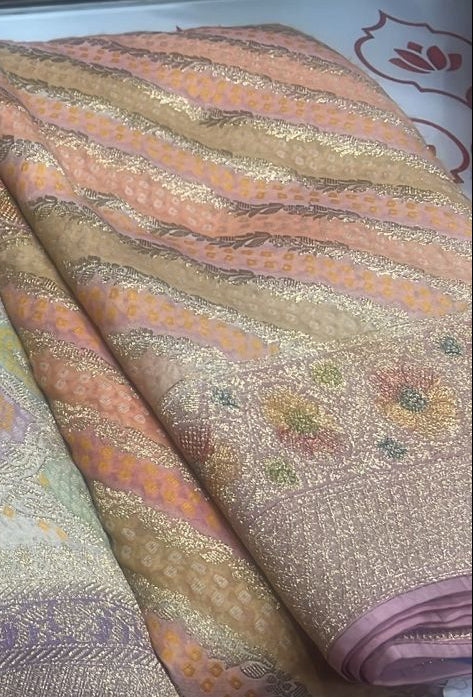 Pastel Hued Diagonal Pattern Zari Detailing on Vegan Viscose Georgette Saree with Rangkaat Style Brush Dye and Borders | SHOBITAM