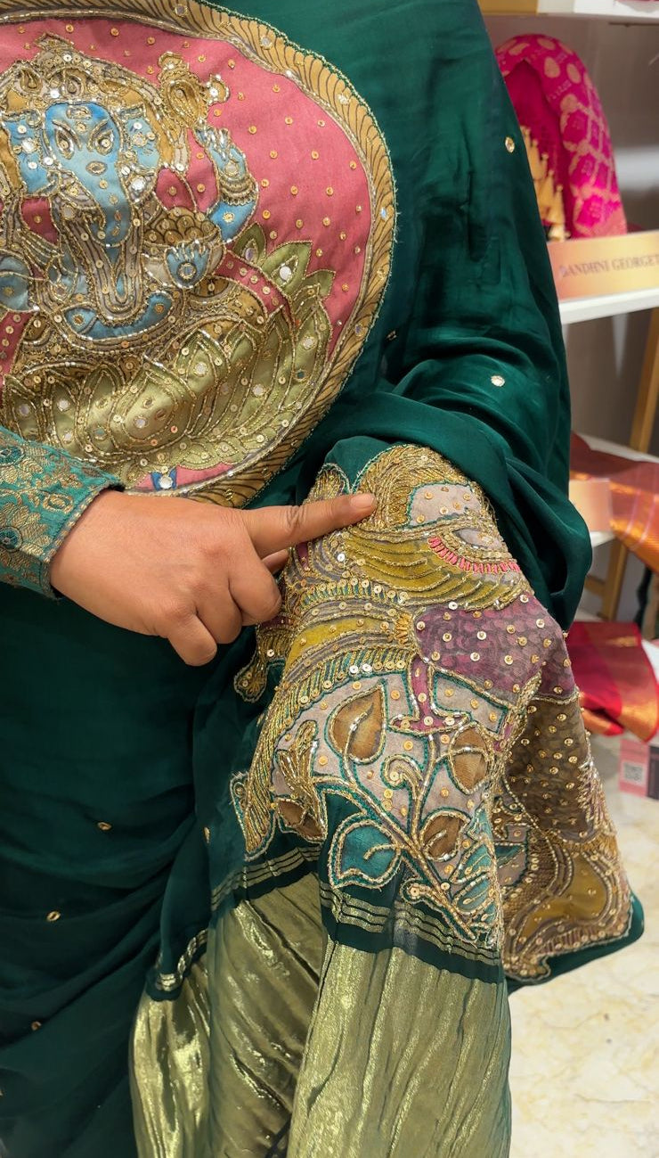 Preorder : Emerald Green Disk Mirror work on Modal Silk Saree with Kalamkari Applique-Hand Embroidery and Lagda Patta Crushed Tissue Pallu