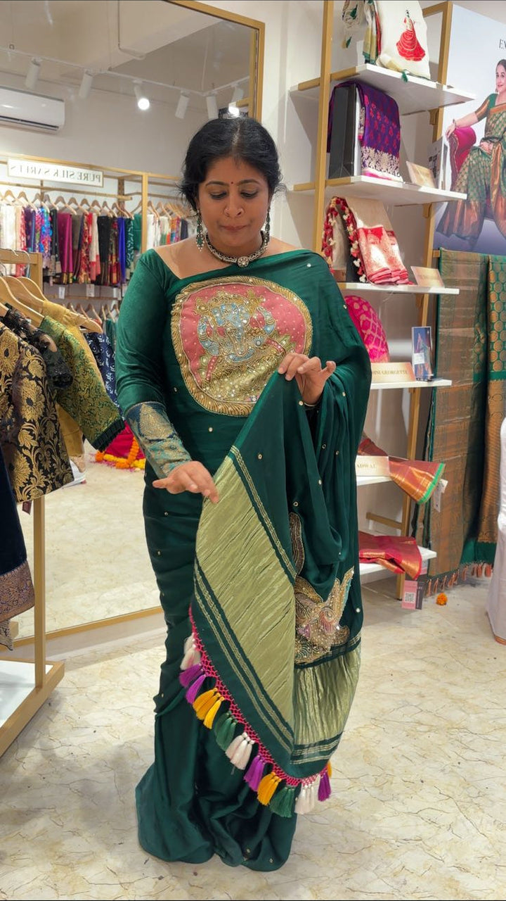 Preorder : Emerald Green Disk Mirror work on Modal Silk Saree with Kalamkari Applique-Hand Embroidery and Lagda Patta Crushed Tissue Pallu