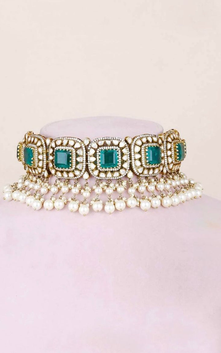 Pure 92.5 Silver Emerald Stone Victorian Finish Choker | SHOBITAM