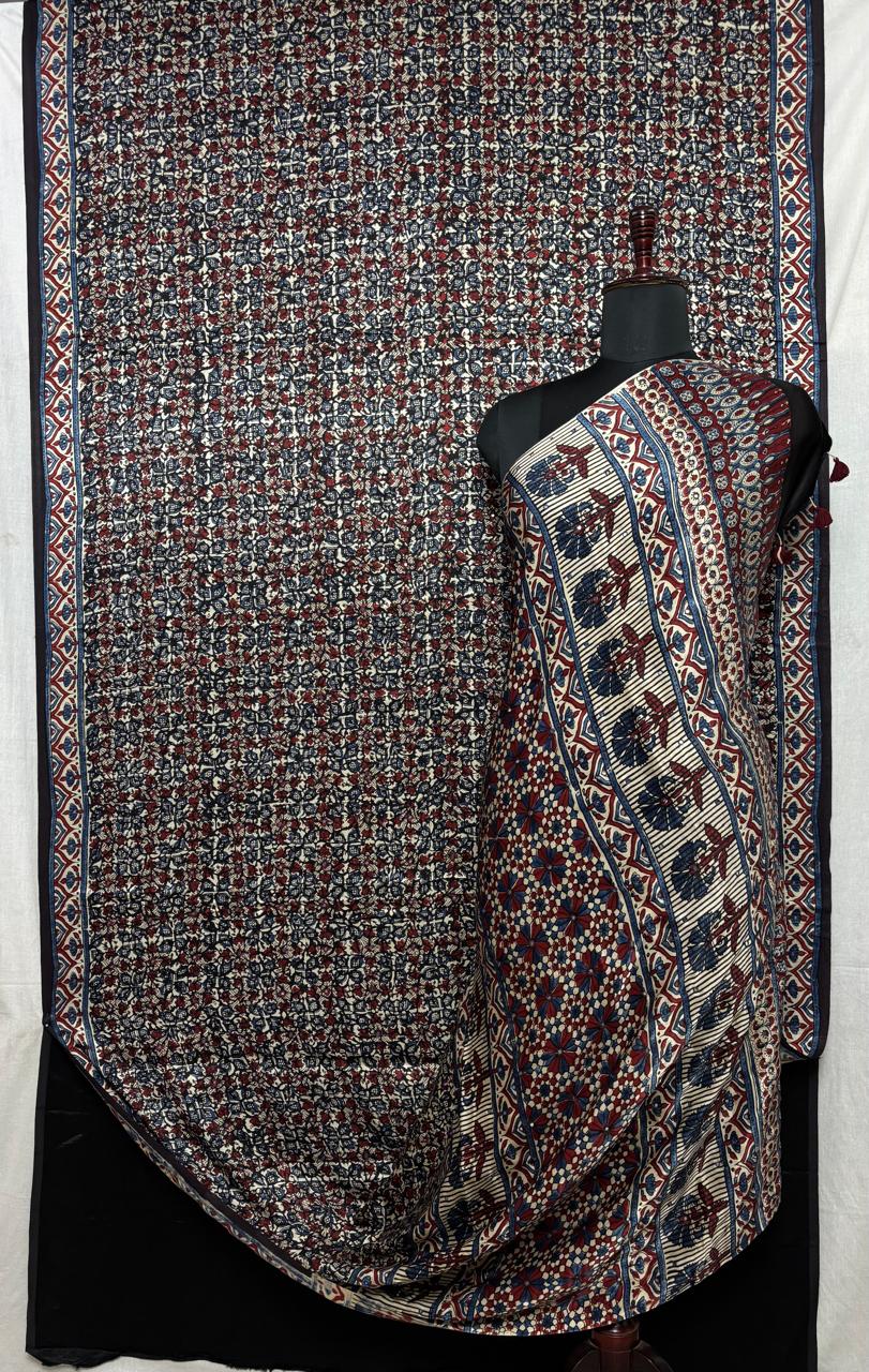 Multicolor Authentic Ajrakh Hand Block Print on Modal Silk Saree with Hand Embellished Tikki work and Minimal Border | SHOBITAM