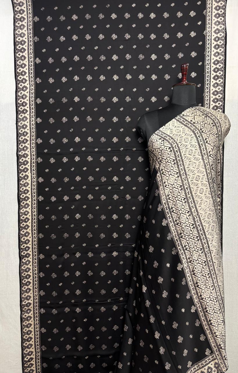 Statement Black and White Authentic Ajrakh  Hand Block Print on Modal Silk Saree | SHOBITAM