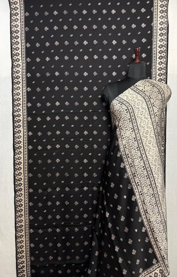 Statement Black and White Authentic Ajrakh  Hand Block Print on Modal Silk Saree | SHOBITAM