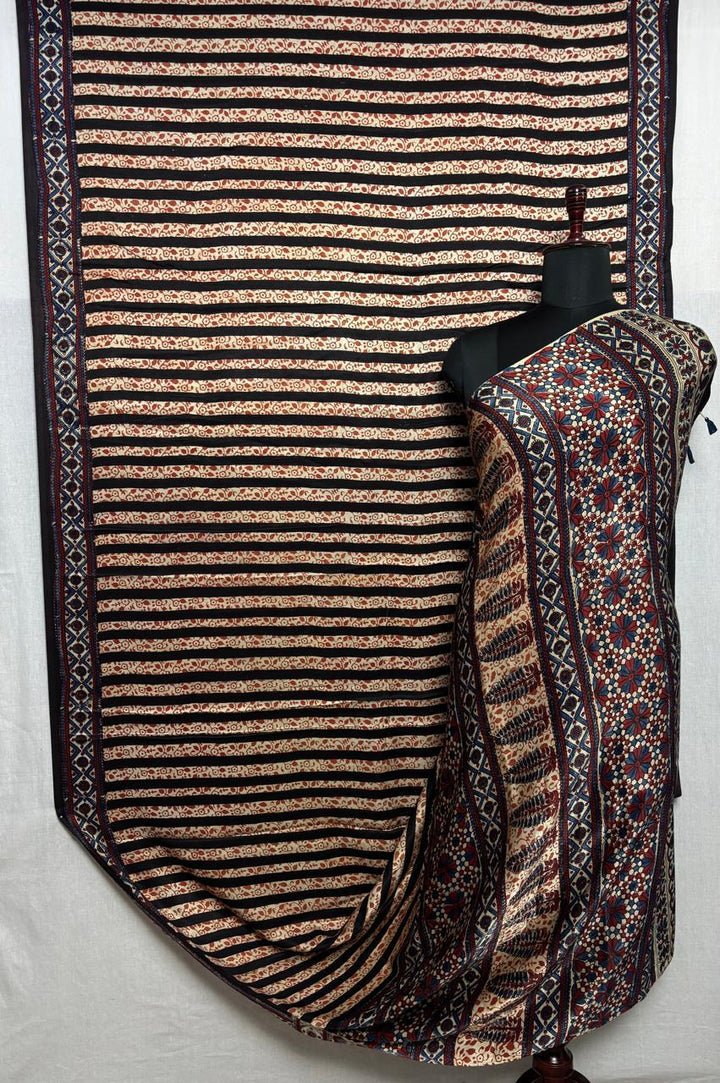 Black-Red-Beige Ajrakh Hand Block Print on Modal Silk Saree with Border | SHOBITAM