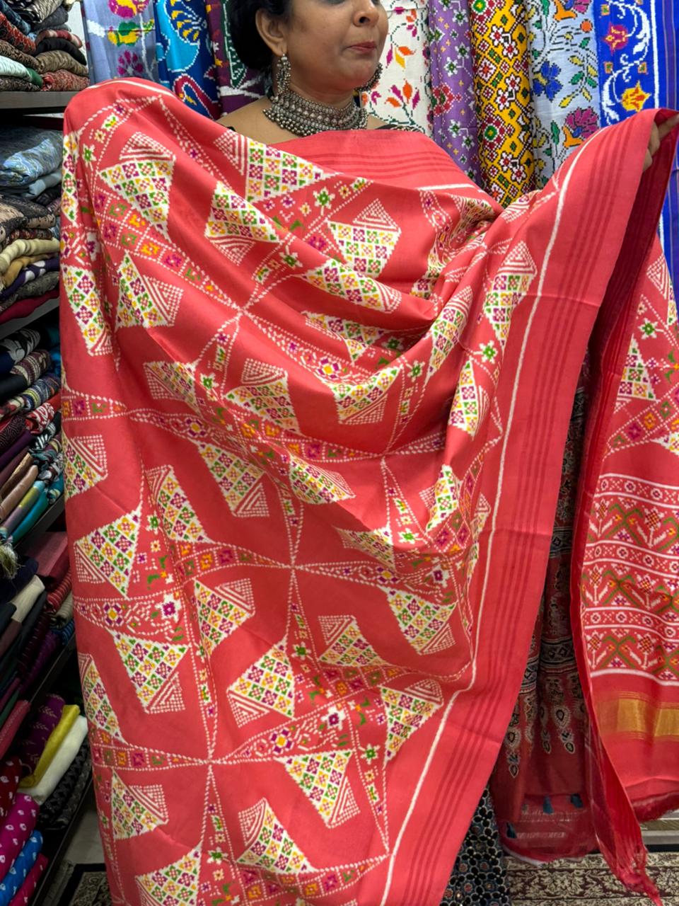 Salmon Peach Authentic Patan Patola Double Ikkat Pure Silk Saree With Geometric Pattern and Pallu on Both Side | SILK MARK CERTIFIED | SHOBITAM