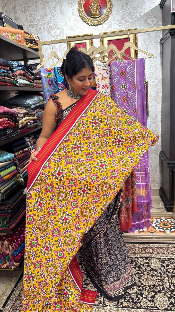 Yellow  Authentic Patan Patola Double Ikkat Pure Silk Saree With Geometric Brocade and Contrast Red Pallu on Both Side | SILK MARK CERTIFIED | SHOBITAM