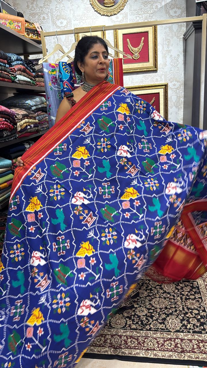 Royal Blue Authentic Patan Patola Double Ikkat Pure Silk Saree With Animal-Plant Motifs all Over and Contrast Red Pallu on Both Side | SILK MARK CERTIFIED | SHOBITAM