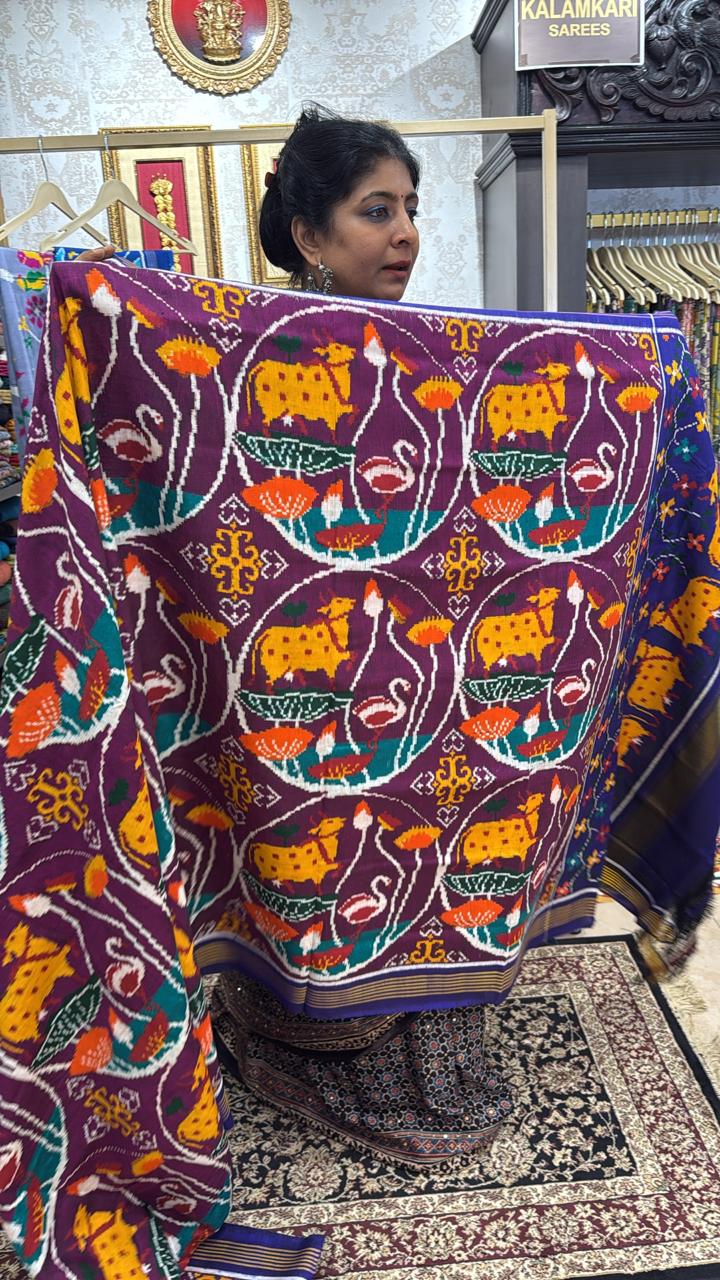 Plum Authentic Patan Patola Double Ikkat Pure Silk Saree With Pichwai Design and Contrast Pallu on Both Side | SILK MARK CERTIFIED