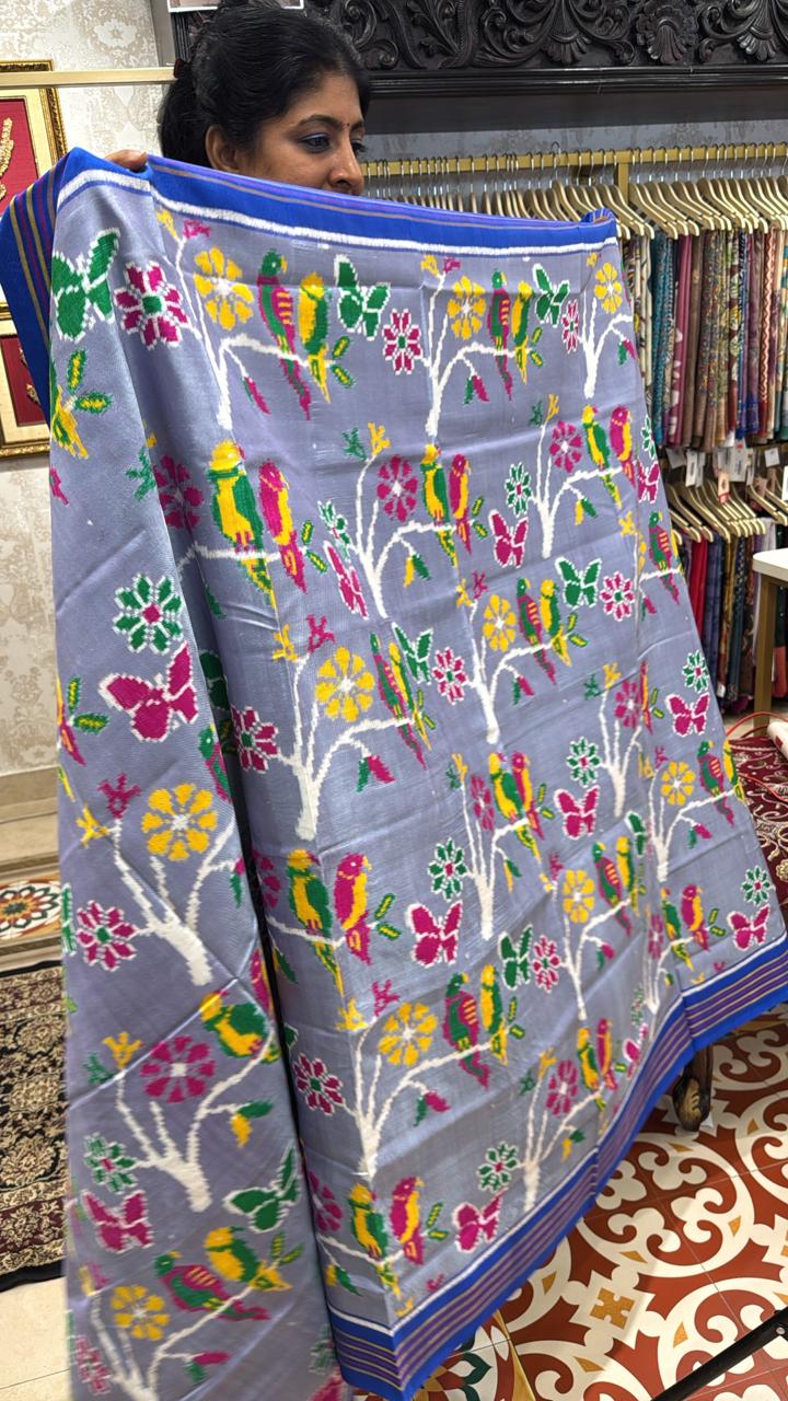 Authentic Patan Patola Double Ikkat Pure Silk Saree in Dusty Lavender With Birds-Butterflies-Branches Design and Pallu on Both Side | SILK MARK CERTIFIED