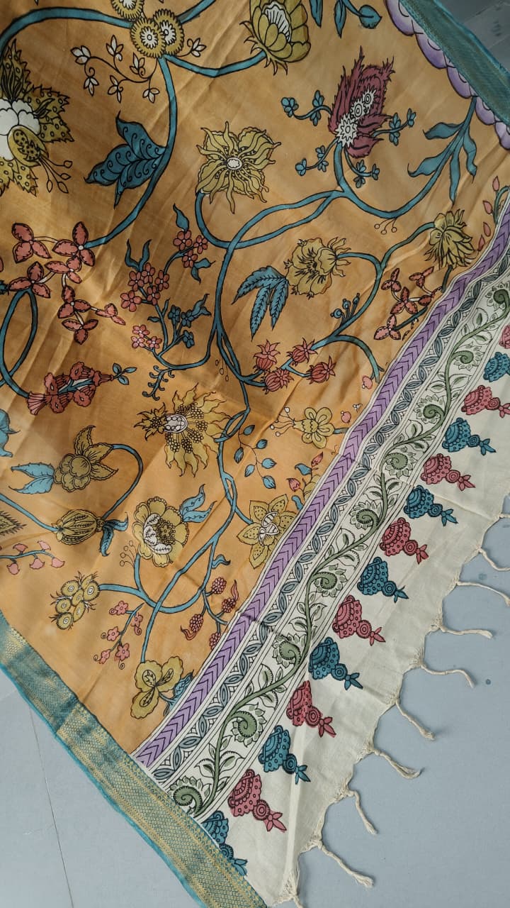 DUPATTA : Terracotta Orange Authentic Pen Kalamkari on Chennuri Silk Dupatta with Floral Theme and Mangalagiri Borders | SHOBITAM