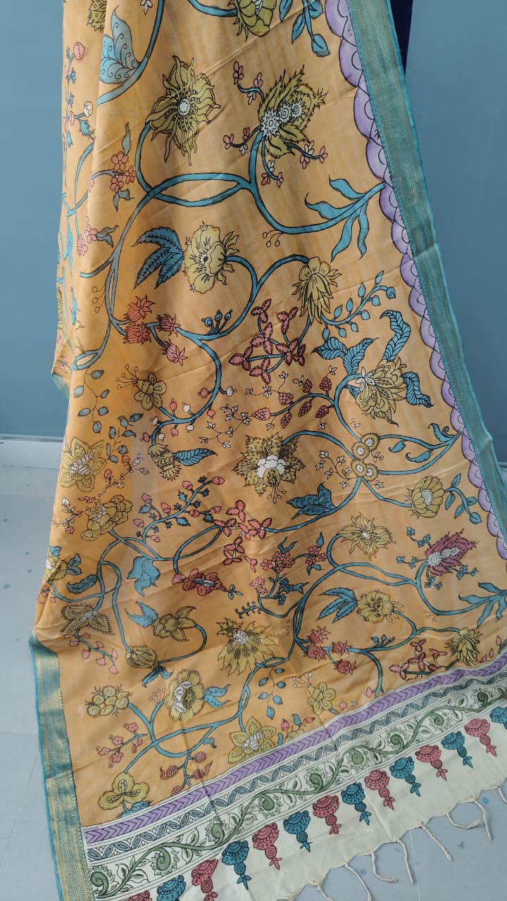 DUPATTA : Terracotta Orange Authentic Pen Kalamkari on Chennuri Silk Dupatta with Floral Theme and Mangalagiri Borders | SHOBITAM