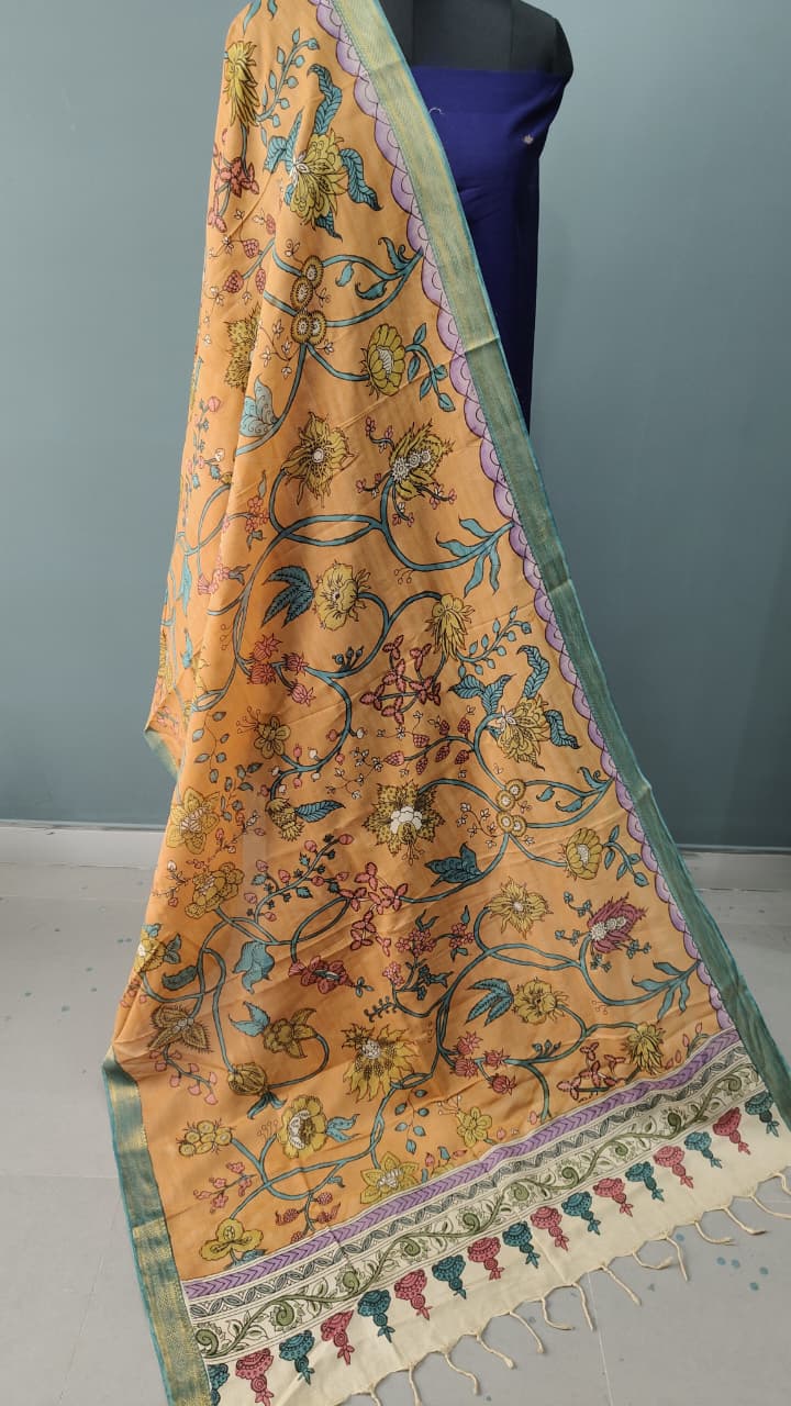 DUPATTA : Terracotta Orange Authentic Pen Kalamkari on Chennuri Silk Dupatta with Floral Theme and Mangalagiri Borders | SHOBITAM
