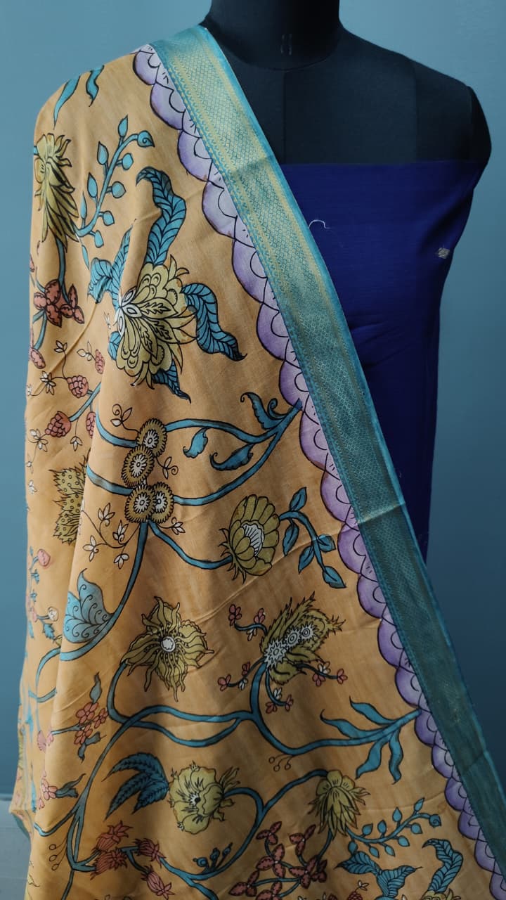 DUPATTA : Terracotta Orange Authentic Pen Kalamkari on Chennuri Silk Dupatta with Floral Theme and Mangalagiri Borders | SHOBITAM