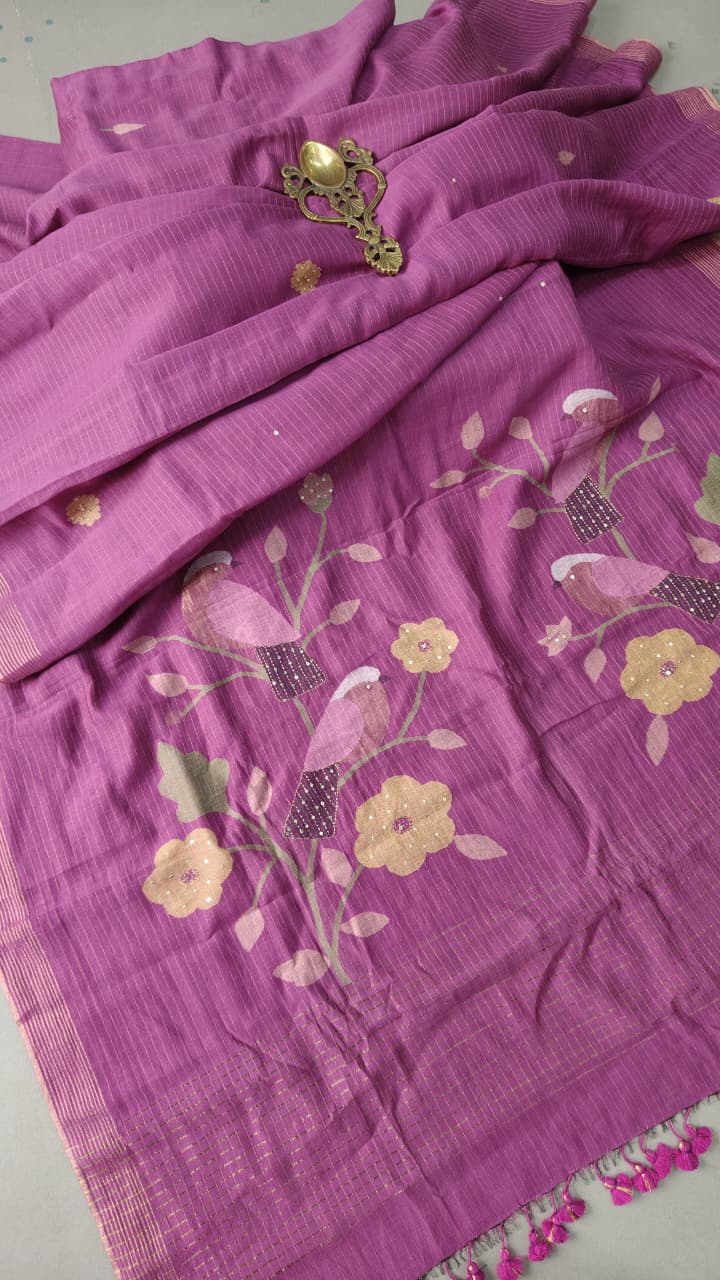 Magenta Silk Cotton Saree With Hand Jamdani-Embroidery and Sequins-Cutdana