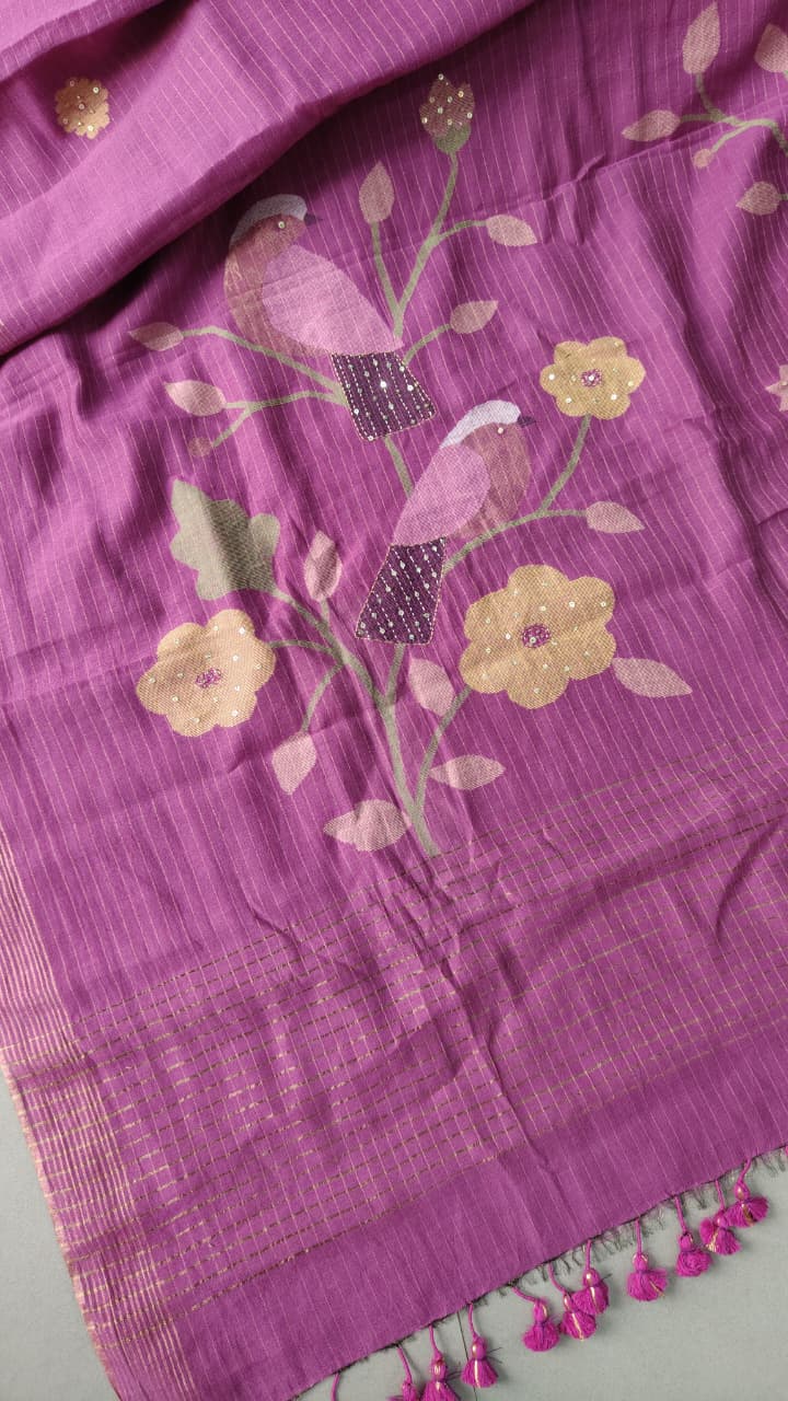 Magenta Silk Cotton Saree With Hand Jamdani-Embroidery and Sequins-Cutdana