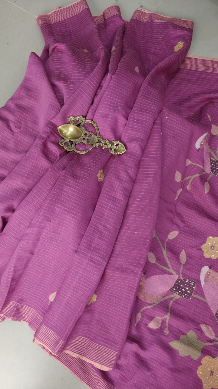 Magenta Silk Cotton Saree With Hand Jamdani-Embroidery and Sequins-Cutdana